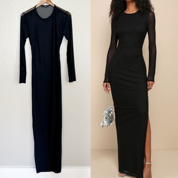 NWOT Pristine Poise Black Mesh Cutout Long Sleeve Maxi Dress - Picture 1 of 9